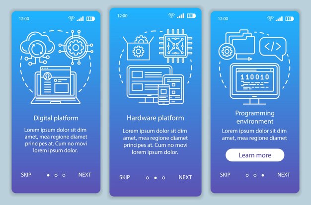 Plantilla de vector de pantalla de página de aplicación móvil de incorporación de plataforma digital