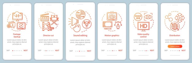Plantilla de vector de pantalla de página de aplicación móvil de incorporación de producción de video Proceso de creación de películas Pasos del sitio web de tutorial de la industria cinematográfica con ilustraciones lineales Concepto de interfaz de teléfono inteligente UX UI GUI
