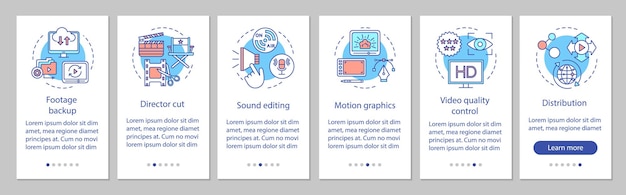 Plantilla de vector de pantalla de página de aplicación móvil de incorporación de producción de video. Proceso de realización de películas. Industria del cine. Pasos del sitio web del tutorial con ilustraciones lineales. Concepto de interfaz de teléfono inteligente UX, UI, GUI