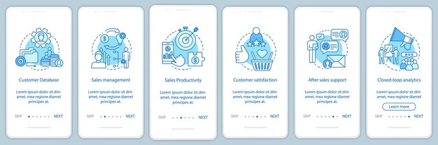 Plantilla de vector de pantalla de página de aplicación móvil de incorporación de rendimiento de ventas. Pasos del sitio web del tutorial de retención de clientes. Comercio. Márketing. Métricas comerciales. Concepto de interfaz de teléfono inteligente UX, UI, GUI