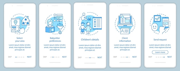 Plantilla de vector de pantalla de página de aplicación móvil de incorporación de reserva de niñera. Reserva de servicio de puericultura. Elección de niñera en casa. Pasos del sitio web de tutorial. Concepto de interfaz de teléfono inteligente UX, UI, GUI