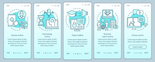 Plantilla de vector de pantalla de página de aplicación móvil de incorporación de servicios en línea. Consultor de ayuda interactiva. Pasos del sitio web del tutorial con ilustraciones lineales. Concepto de interfaz de teléfono inteligente UX, UI, GUI