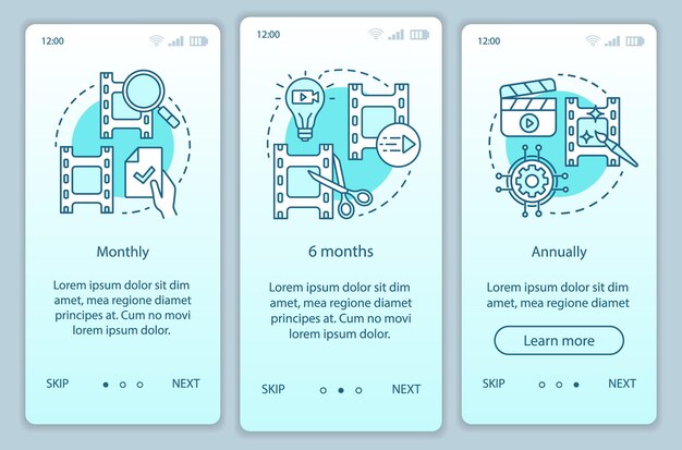 Plantilla de vector de pantalla de página de aplicación móvil de incorporación de suscripción de editor de video. tarifas mensuales o anuales. pasos del sitio web del tutorial con ilustraciones lineales. concepto de interfaz de teléfono inteligente ux, ui, gui