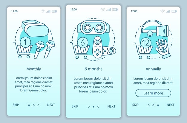 Plantilla de vector de pantalla de página de aplicación móvil de incorporación de suscripción de juego VR. Tarifas mensuales o anuales. Pasos del sitio web del tutorial con ilustraciones lineales. Concepto de interfaz de teléfono inteligente UX, UI, GUI