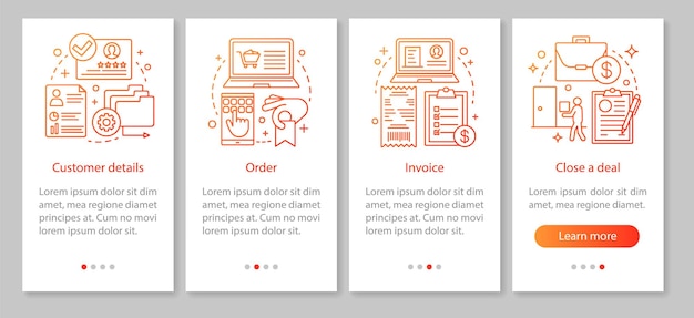 Plantilla de vector de pantalla de página de aplicación móvil de software CRM. detalle del cliente. Creación de pedidos y facturas. Haciendo negocios. Pasos del sitio web del recorrido, ilustraciones lineales. Concepto de interfaz de teléfono inteligente UX, UI, GUI