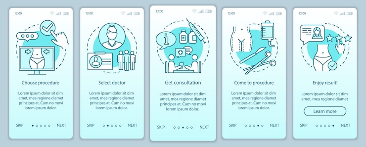 Vector plantilla de vector de pantalla de página de aplicación móvil de visita al consultorio del médico. consulta médica. procedimiento. pasos del sitio web del tutorial con ilustraciones lineales. concepto de interfaz de teléfono inteligente ux, ui, gui