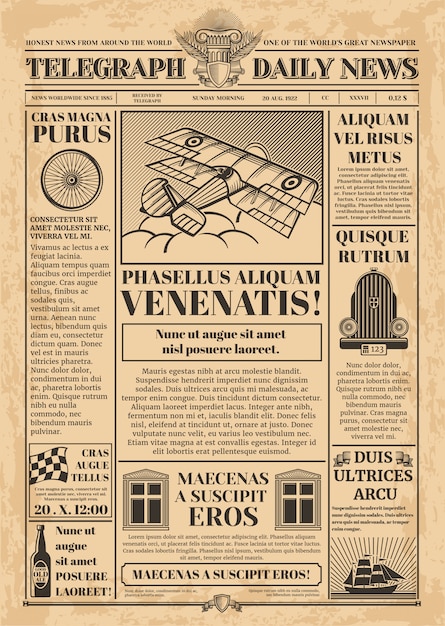 Plantilla de vector de periódico viejo. papel de periódico retro con texto e imágenes. vendimia del periódico con la ilustración de la columna del artículo del texto