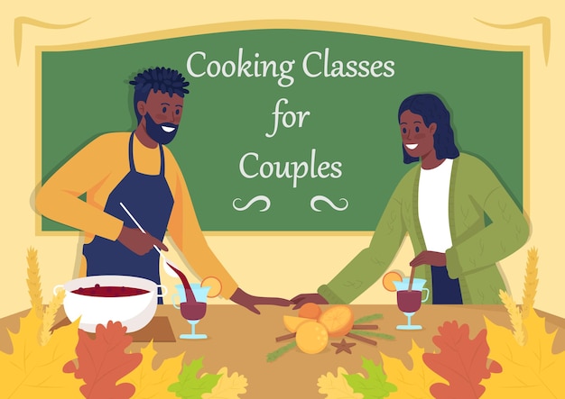 Plantilla de vector plano de cartel de clases de cocina de otoño para parejas