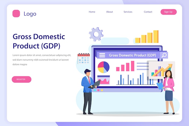 Plantilla de vector plano de sitio web de página de destino de concepto de estadística de producto interno bruto o PIB