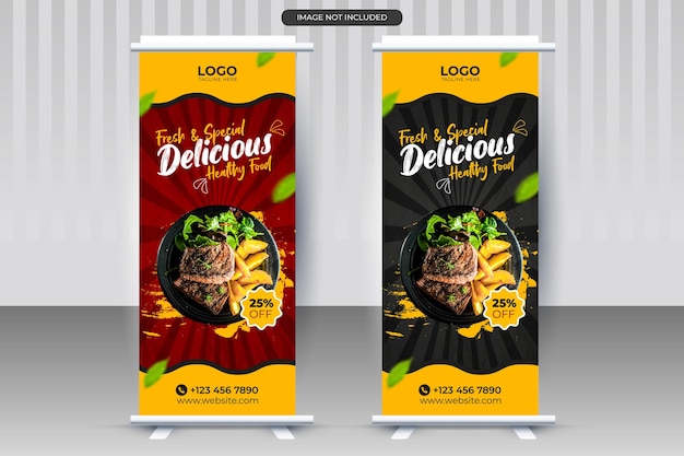 Plantilla de vector premium de diseño de banner enrollable x comida deliciosa moderna