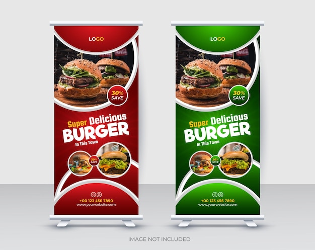 Vector plantilla de vector premium de diseño de menú de comida de banner enrollable de hamburguesa