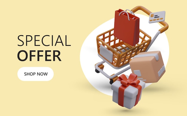 Plantilla de vector para publicidad oferta promocional especial carrito de compras 3D lleno de regalos