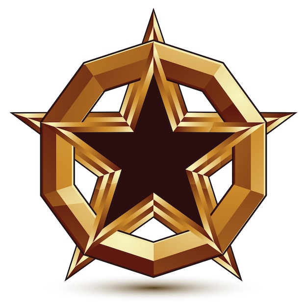 Plantilla de vector pulido con estrella pentagonal, sello festivo dimensional aislado sobre fondo blanco. Majestuosa estrella con relleno negro y bordes dorados colocada en un anillo brillante.