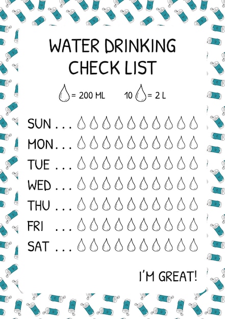 Plantilla de vector de rastreador de agua Lista de verificación de agua potable con gotas Ilustración de vector de fondo de botín de garabato Estilo de garabato