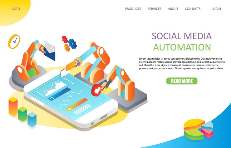 Vector plantilla de vector de sitio web de página de inicio de automatización de redes sociales