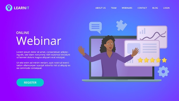 Plantilla de vector de sitio web de seminario web en línea, maqueta para anuncio de conferencia de negocios.