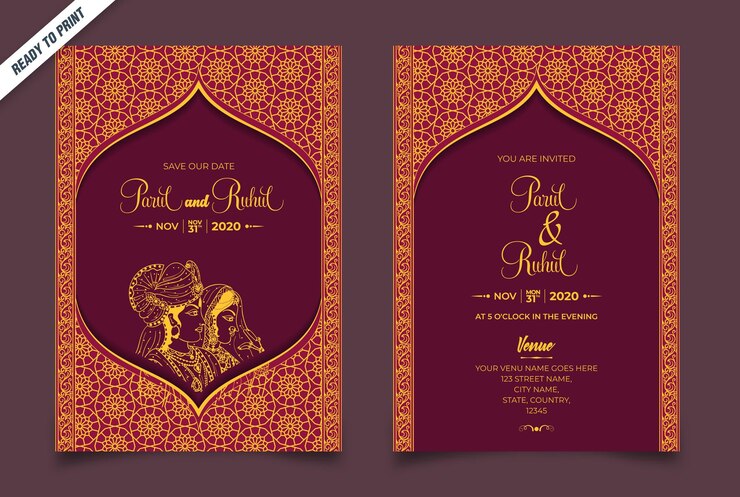 Plantilla de vector de tarjeta de invitación de boda de personaje de novio indio y floral de aspecto limpio