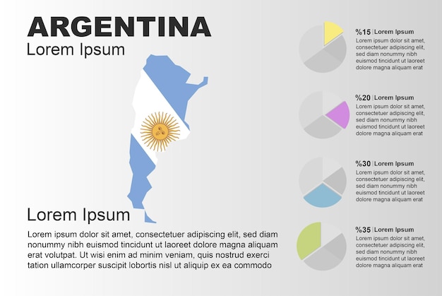 Vector plantilla de vector de uso general infográfico de argentina con gráfico circular gráfico de mapa de bandera de país de argentina