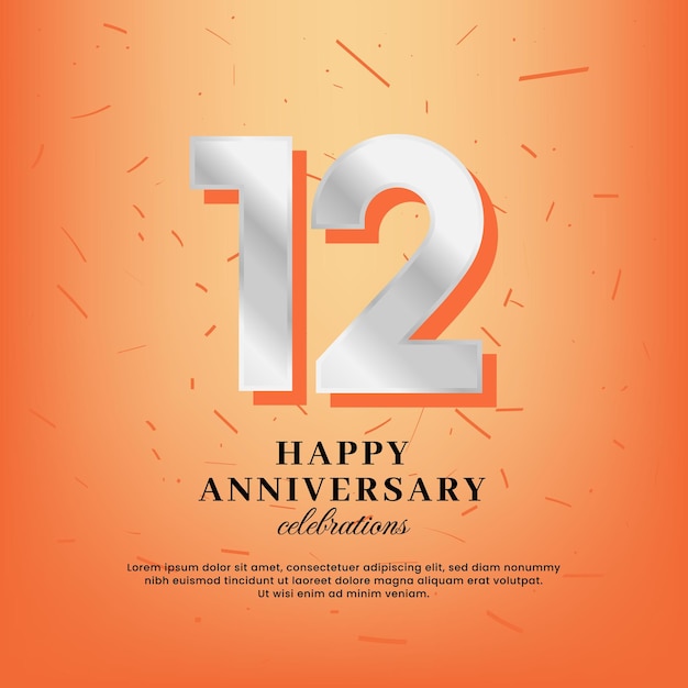 Plantilla vectorial del 12º aniversario con un número blanco y confeti esparcido sobre un fondo naranja