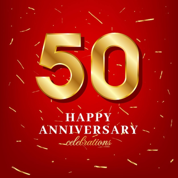 Plantilla vectorial del 50 aniversario con un número dorado y confeti dorado esparcido sobre un fondo rojo