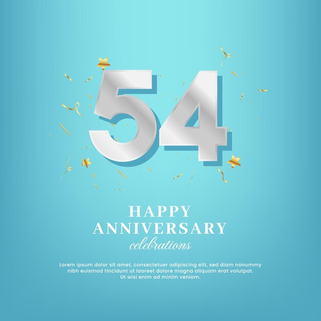 Plantilla vectorial del 54 aniversario con un número blanco y confeti esparcido sobre un fondo degradado