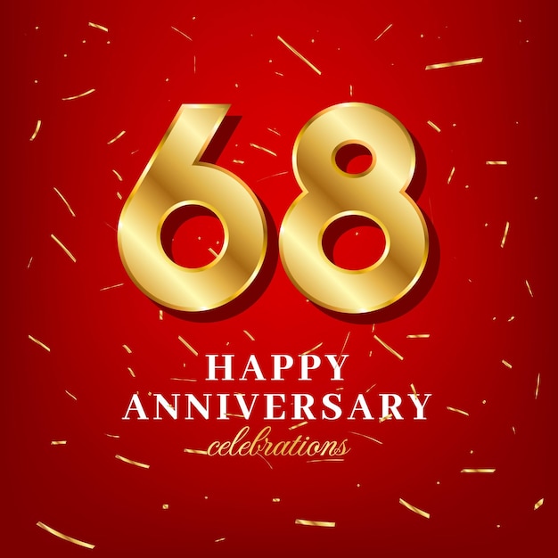 Plantilla vectorial del 68 aniversario con un número dorado y confeti dorado esparcido sobre un fondo rojo