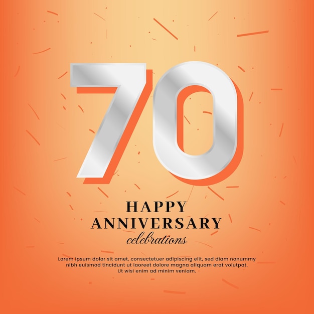 Plantilla vectorial del 70 aniversario con un número blanco y confeti esparcido sobre un fondo naranja