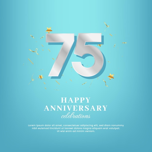 Plantilla vectorial del 75 aniversario con un número blanco y confeti esparcido sobre un fondo degradado