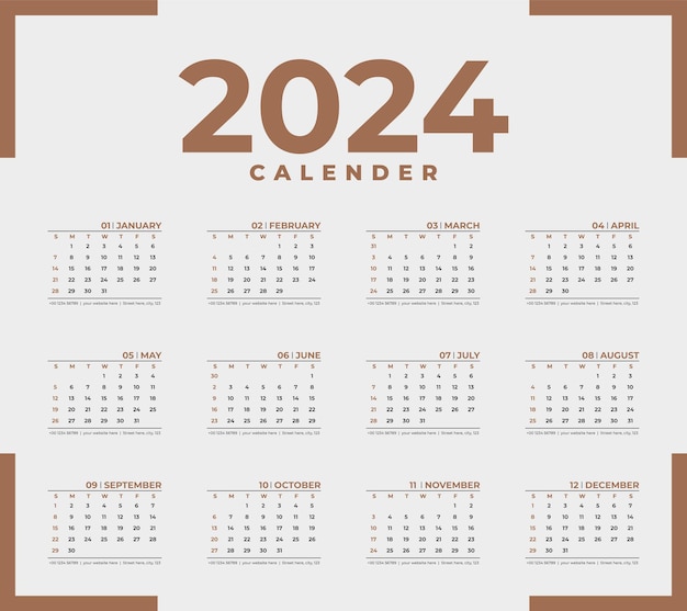Plantilla vectorial de calendario 2024 de una página Vector Premium