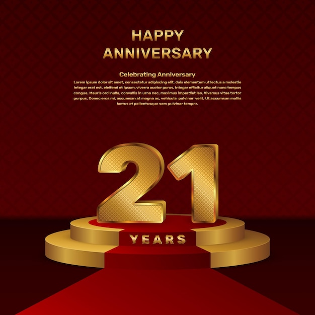 Plantilla vectorial para la celebración del 21o aniversario con concepto de escenario y números dorados, diseño de plantilla vectoral