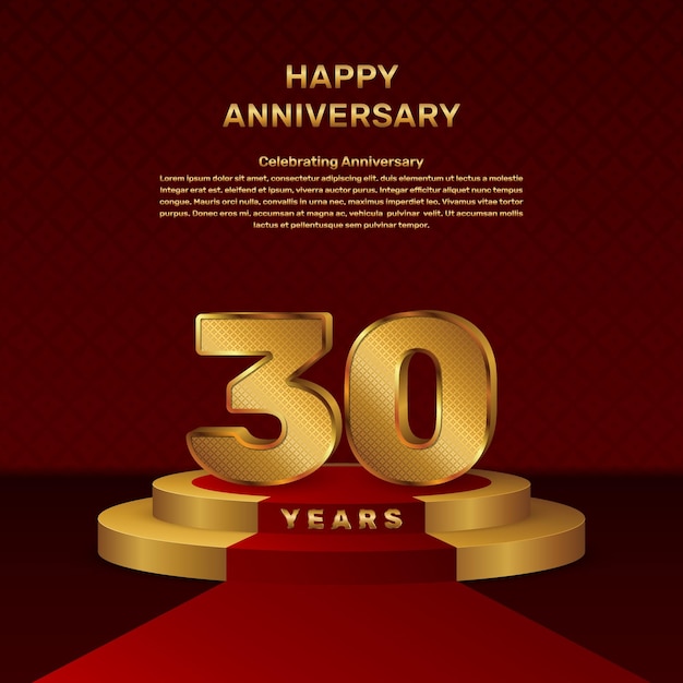 plantilla vectorial para la celebración del 30o aniversario con concepto de escenario y números dorados, diseño de plantilla vectoral