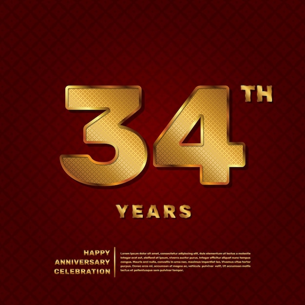 Plantilla vectorial para la celebración del 34º aniversario con concepto de número de patrón dorado