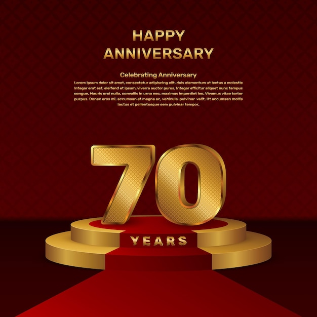 plantilla vectorial para la celebración del 70 aniversario con concepto de escenario y números dorados, diseño de plantilla vectoria