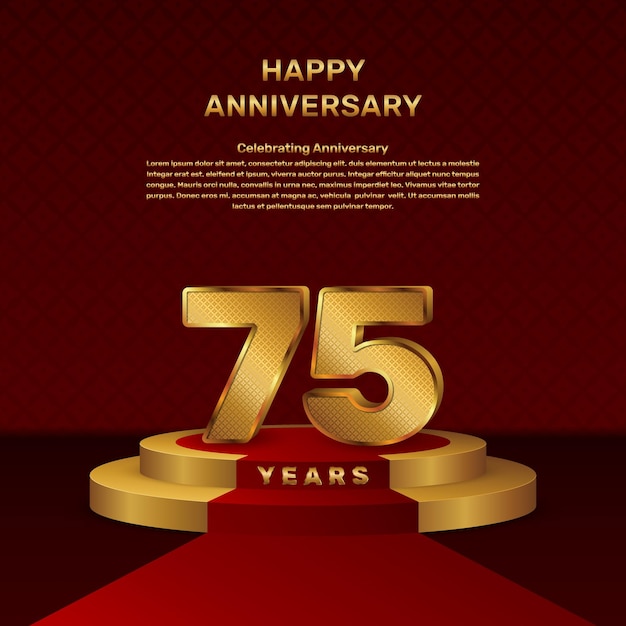 Plantilla vectorial para la celebración del 75o aniversario con concepto de escenario y números dorados, diseño de plantilla vector