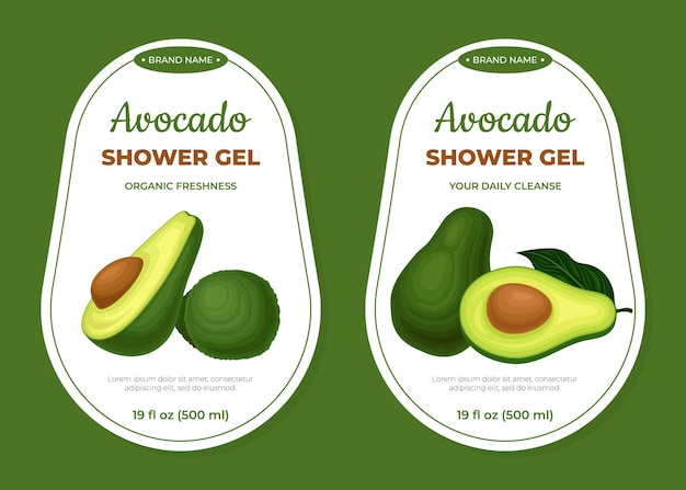 Plantilla vectorial de diseño de etiquetas y pegatinas de gel de ducha de aguacate