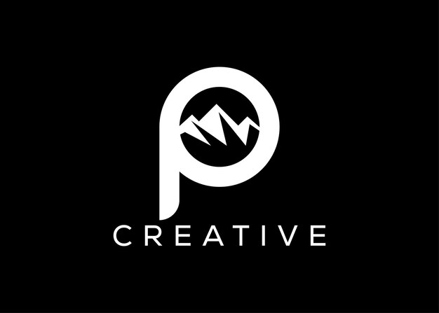 Plantilla vectorial de diseño de logotipo de montaña con letra mínima P Logotipo de vector de colina con letra inicial P