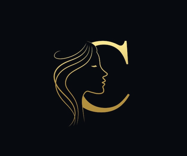 Plantilla vectorial de diseño de logotipo de peluquería de cara de belleza con letra C