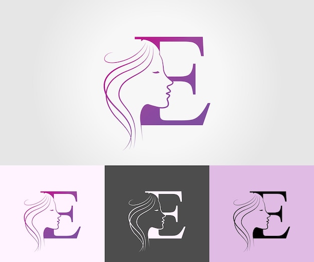Plantilla vectorial de diseño de logotipo de peluquería de cara de belleza con letra E