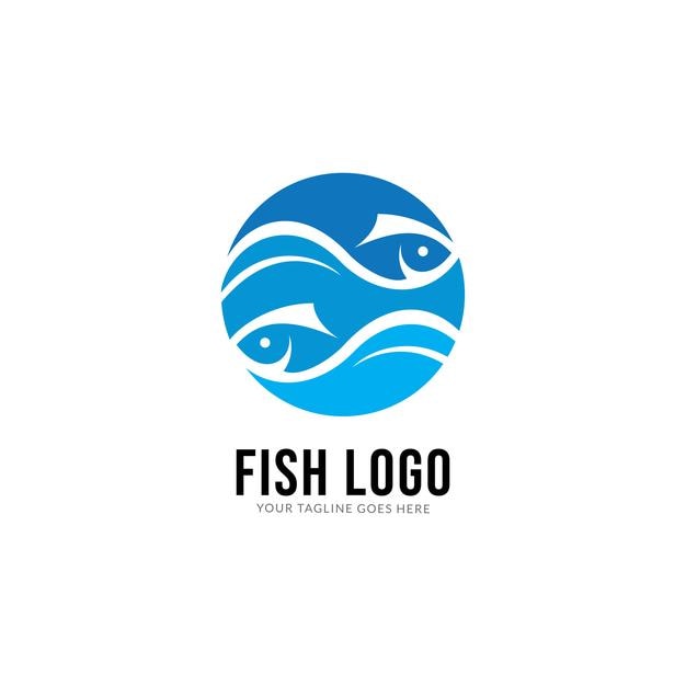 Plantilla vectorial de diseño de logotipo de pescado en el agua. Concepto de icono de logotipo de tienda de restaurante de mariscos.