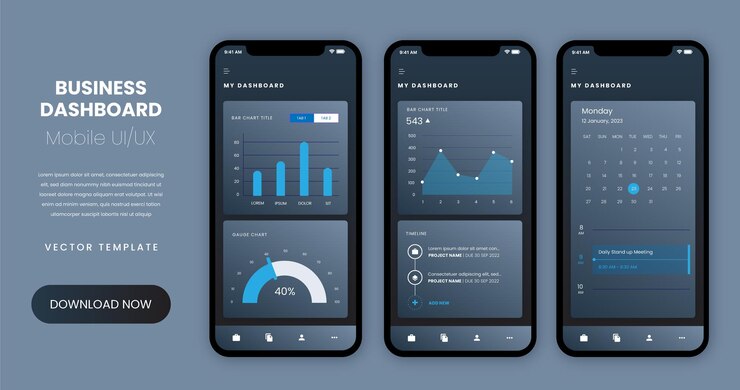 Plantilla vectorial de diseño de pantallas de la aplicación Business Dashboard. Wireframes UX UI de aplicaciones móviles.