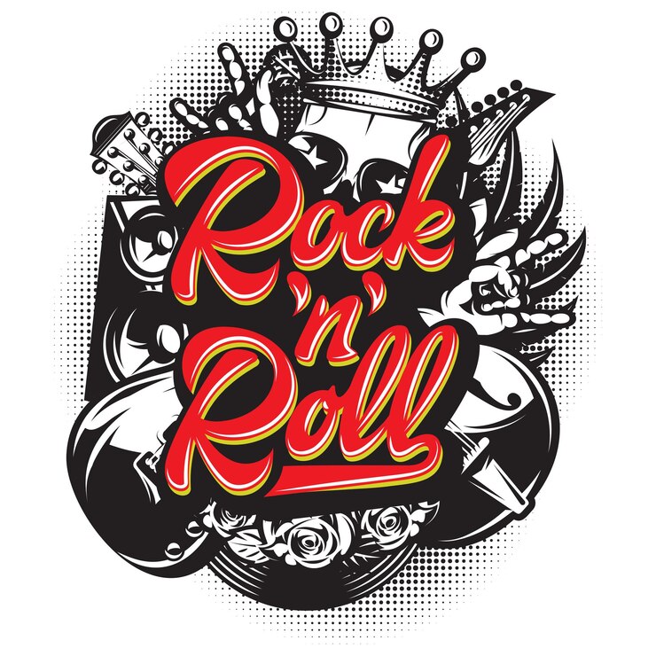 Vector plantilla vectorial elegante para imprimir sobre el tema de la música rock con una inscripción caligráfica rock n roll