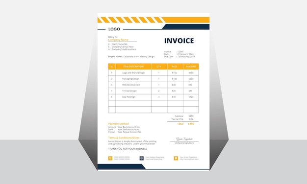 Plantilla vectorial de factura de empresa bien diseñada