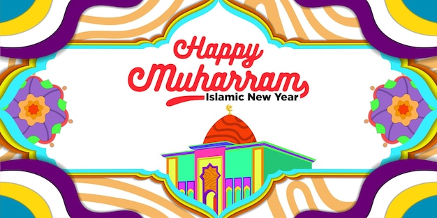 Plantilla vectorial Feliz año nuevo islámico Muharram con temas de dibujos animados