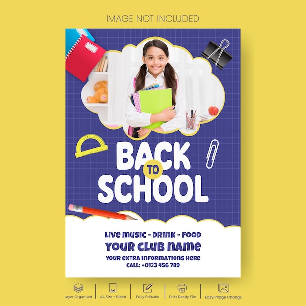 plantilla vectorial de folleto o cartel educativo para la fiesta de regreso a la escuela y la admisión a la escuela