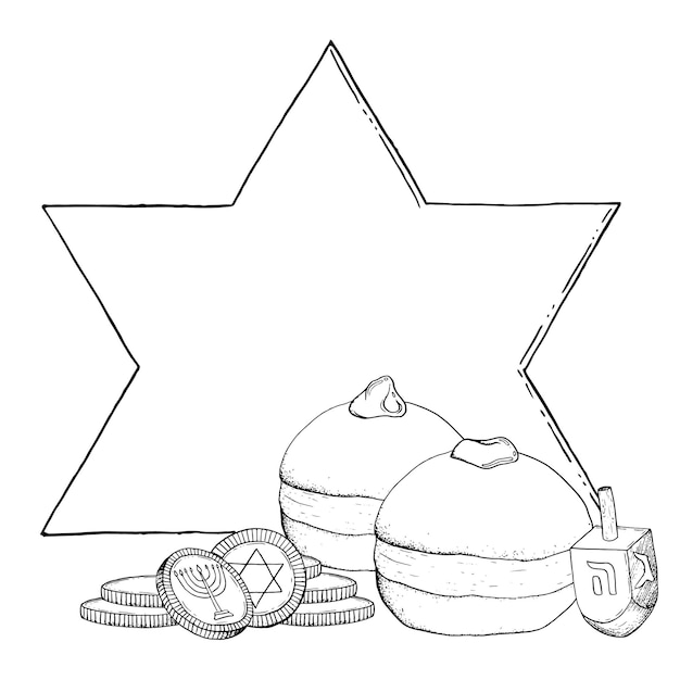 Vector plantilla vectorial de hanukkah feliz con rosquillas para la fiesta judía ilustración vectorial en blanco y negro