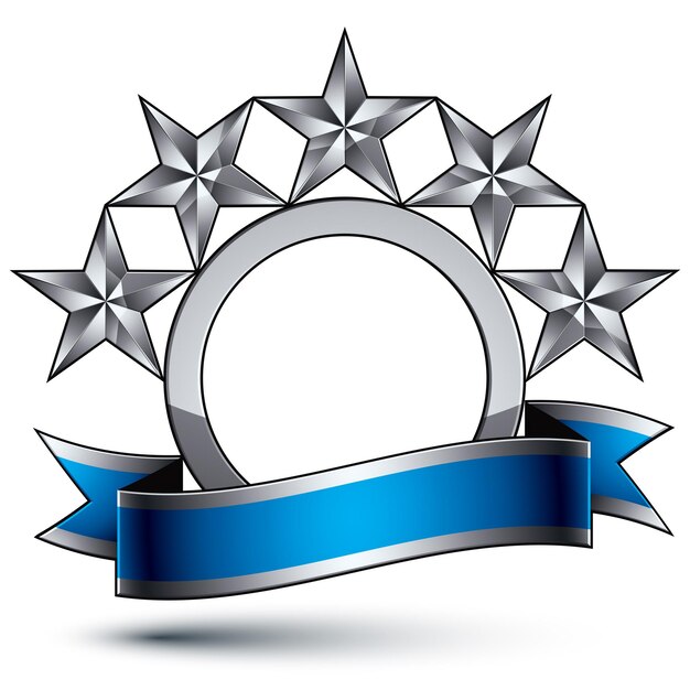Vector plantilla vectorial heráldica con estrellas plateadas de cinco puntas, medallón geométrico real dimensional con cinta ondulada con estilo azul aislada en fondo blanco.