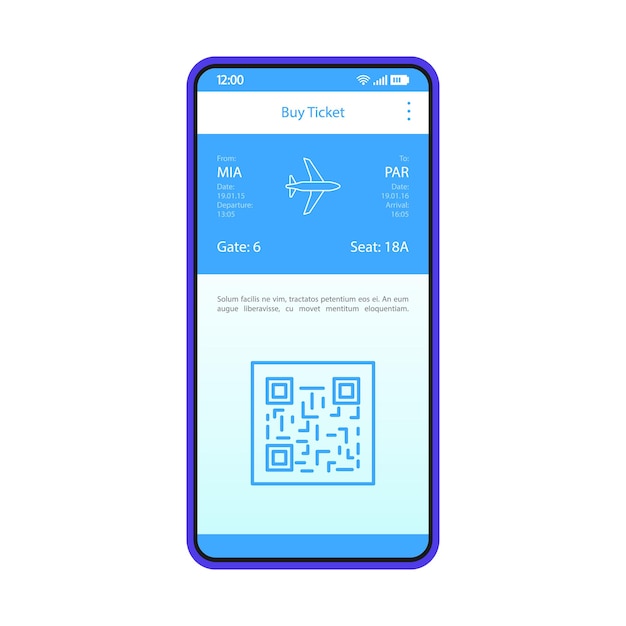 Plantilla vectorial de interfaz de la aplicación de reserva de entradas. Diseño de diseño azul de la interfaz de la aplicación móvil. Compra de billetes de avión con smartphone. Planificación de viajes en línea. Interfaz de usuario plana. Pantalla del teléfono con código QR