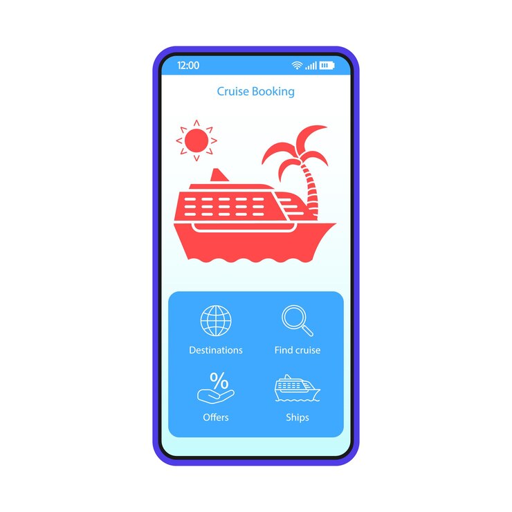 Vector plantilla vectorial de interfaz de smartphone de la aplicación de reserva de cruceros. diseño de diseño azul de página de viaje móvil. viaje en velero, pantalla de reserva de boletos de vacaciones. interfaz de usuario plana de la aplicación de crucero. pantalla del teléfono del buscador de barcos