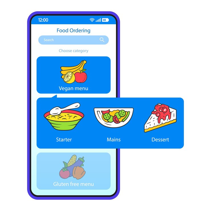 Vector plantilla vectorial de interfaz de teléfono inteligente para pedidos de alimentos