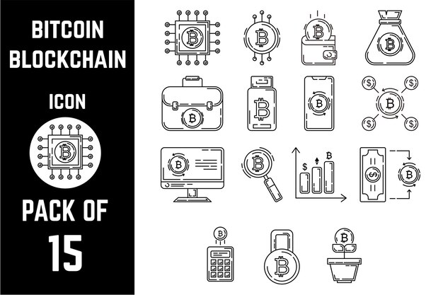 Plantilla vectorial de lineal de paquete de iconos de cadena de bloques de Bitcoin o Crypto Coin